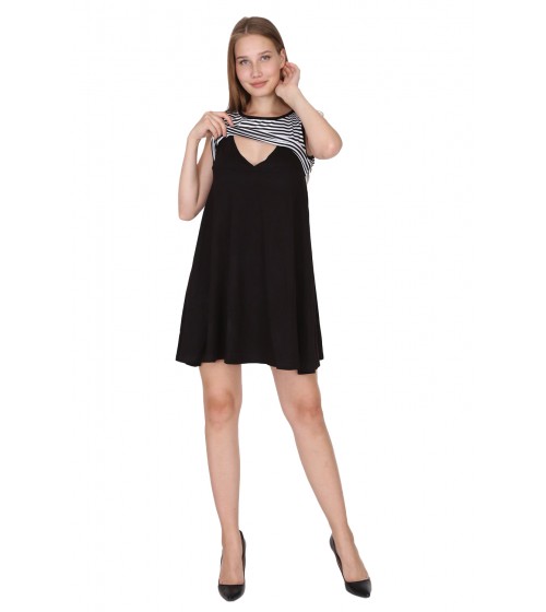 Luvmabelly 5800 - Üstü Siyah Çizgili Altı Siyah kolsuz Emzirme Elbise