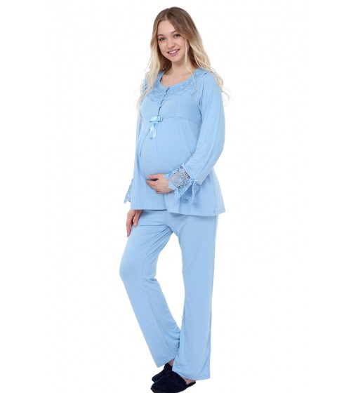 Luvmabelly MYRA9501 - Dantelli Düğmeli Hamile Pijama Takımı - Mavi