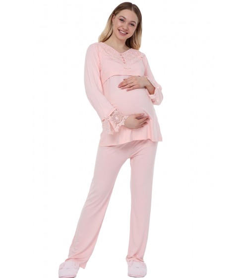 Luvmabelly MYRA9512 - Dantelli Düğmeli Flaplı Hamile Pijama Takımı - Pembe