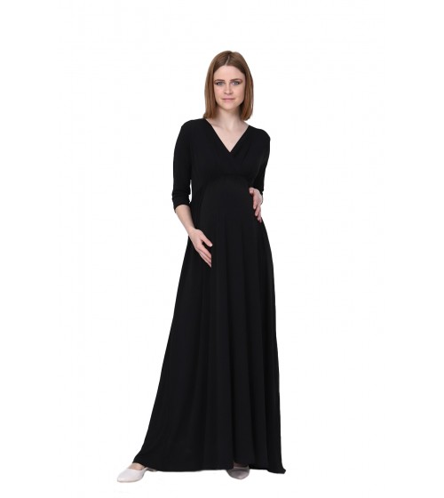 Luvmabelly PLNL5215 - Truvakar Kol Kruvaze Yaka Beli Büzgülü Uzun Siyah Hamile Elbisesi