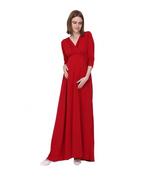 Luvmabelly PLNL5216 - Truvakar Kol Kruvaze Yaka Beli Büzgülü Uzun Kırmızı Hamile Elbisesi